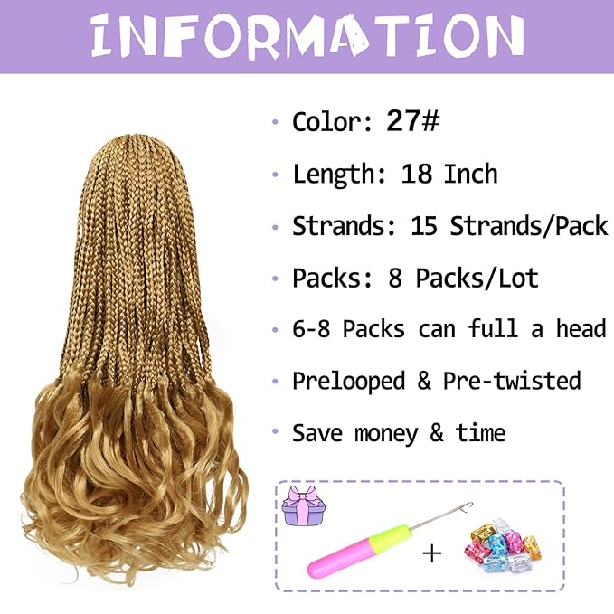 Crochet Hair for Women 18 Inch Blonde French Curl Crochet Braids 8 Packs Prelooped Box Braids Synthetic French Curly Braiding Hair Extensions 27#