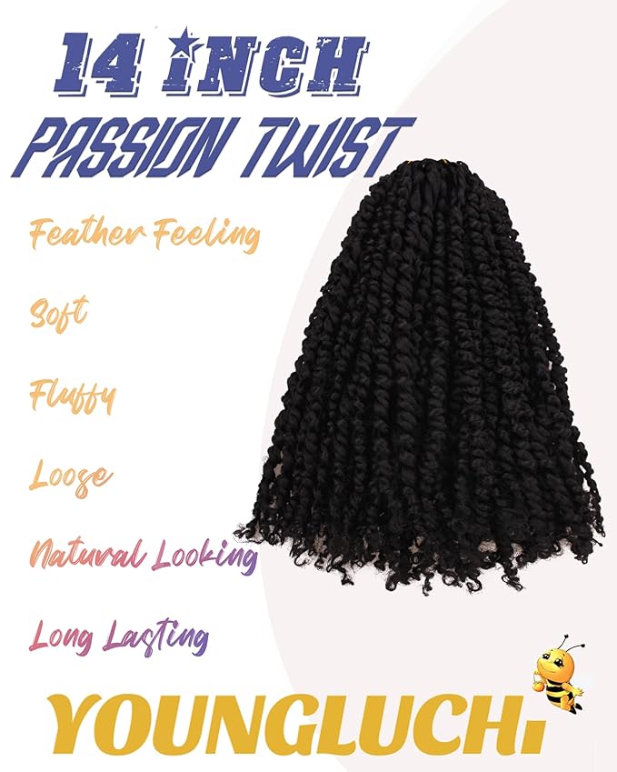 Pre-twisted Passion Twist Crochet Hair for Black Women 14 Inch 7 Packs Passion Twist Hair,Pre-looped Crochet Hair,Synthetic Spring Kinky Twist Braiding Hair Extensions (14"-7P,1B)
