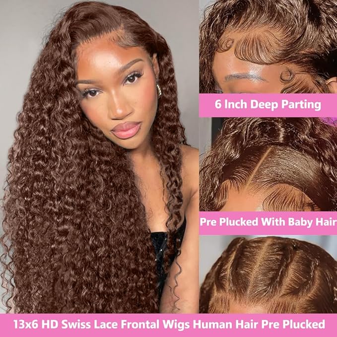 24 Inch Chocolate Brown Lace Front Wig Human Hair 200 Density 13x6 HD Deep Wave Lace Front Wigs Human Hair Colored Deep Curly Lace Frontal Wigs Glueless Wig Brown Wig Wigs for Women