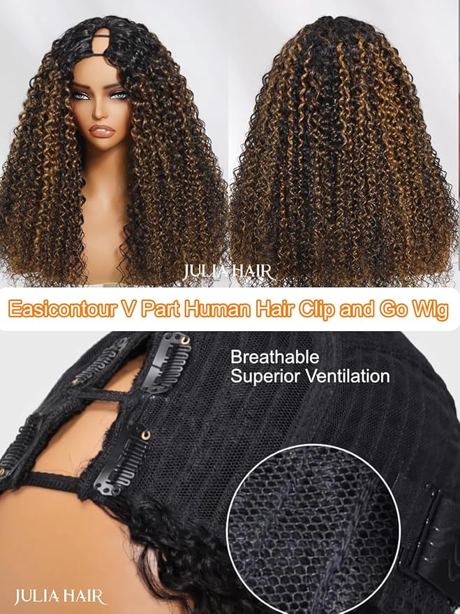 Julia Hair Highlight V Part Curly Wigs with Drawstring Balayage Brown Clip-In Half Wigs EasiContour Upgraded U Part Jerry Curly Glueless Human Hair Wig Beginner-Friendly Ready to Go 16 Inch