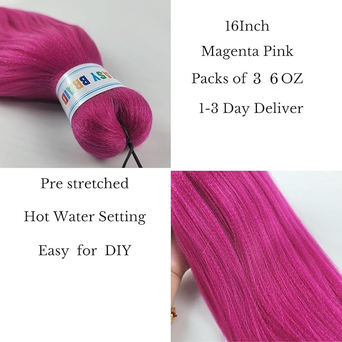 Kids Braiding Hair Pre stretched 16 inches Magenta Pink Yaki ez Braid Braiding Hair for Kids Knotless Braids