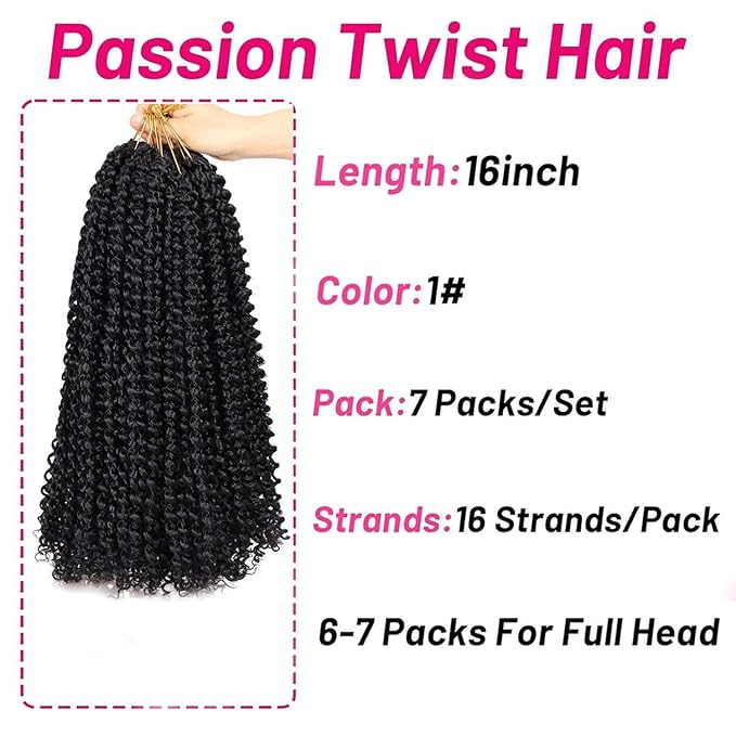 Dorsanee Black Passion Twist Hair 16 Inch 7 Packs Water Wave Crochet Hair Long Bohemian Curly Braiding Hair for Butterfly Locs, Faux Locs, Boho Style Spring Twist Crochet Braids (1#)