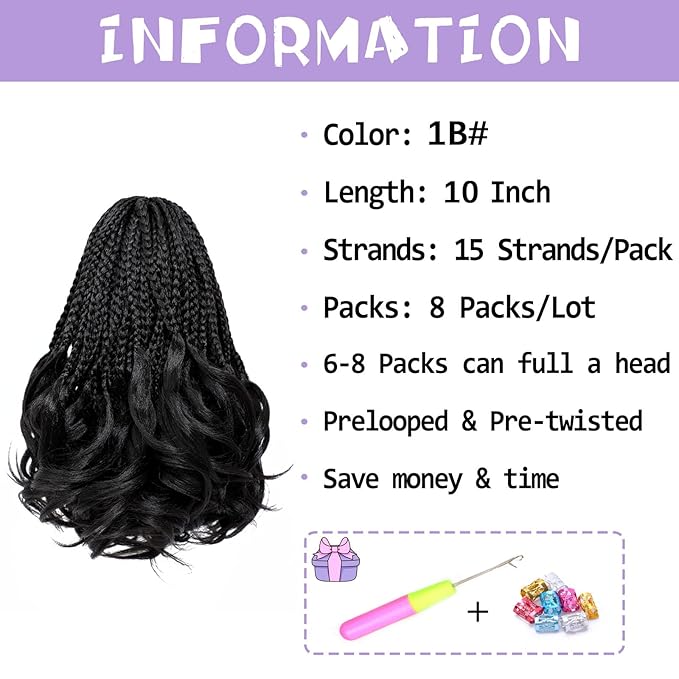 Crochet Hair for Women 10 Inch 8 Packs French Curl Crochet Braids with Curly Ends Short Box Braids Crochet Hair Pre Looped French Curl Braiding Hair Extensions 1B