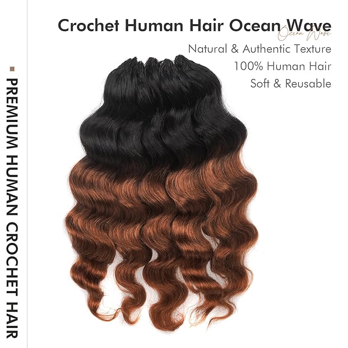 ToyoTress Ocean Wave Feather Crochet Human Hair - 12 Inch 250G Invisible Knotless Water Deep Wave Crochet Human Hair For Black Women Ombre Brown Braiding Hair (12 Inch, OT30-250G)