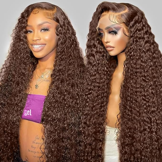 30Inch Chocolate Brown Lace Front Wig Human Hair 200 Density 13x6 HD Deep Wave Lace Front Wigs Human Hair Colored Deep Curly Lace Frontal Wigs Glueless Wig Brown Wig Wigs for Women