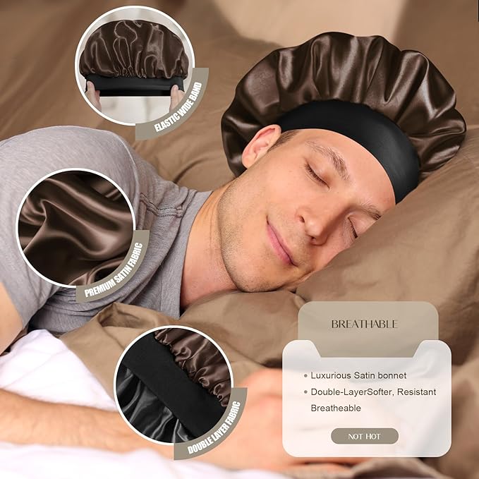 Satin Silk Bonnet for Men & Women, Double Layer Silk Sleep Bonnets, Soft Satin Lined Bonnet for Curly & Natural Hair