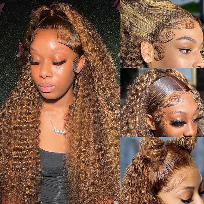 MEGOOD 13x6 Highlight Ombre Lace Front Wig Human Hair 220% Density13x6 HD Honey Blonde 4/27 Curly Wig Human Hair Pre Plucked Deep Wave Lace Front Wigs Human Hair Colored Wigs 22Inch
