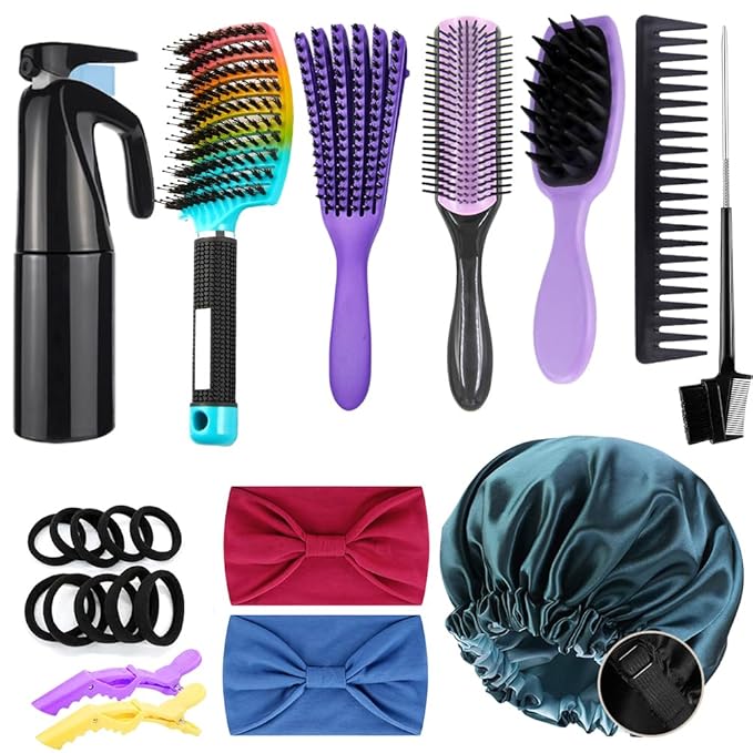 12Pcs Detangling Brush Set for Curly Hair, Curly Hair Brush with Sleep Bonnet Afro America/African 3a to 4c Texture, Easier and Faster on Wash Days