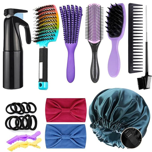 12Pcs Detangling Brush Set for Curly Hair, Curly Hair Brush with Sleep Bonnet Afro America/African 3a to 4c Texture, Easier and Faster on Wash Days