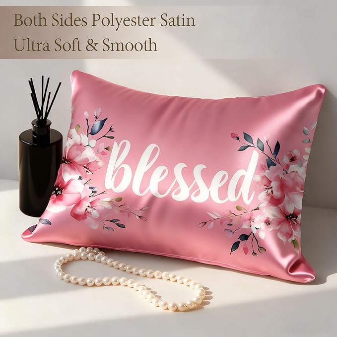 Satin Pillowcase with Zipper for Hair and Skin Blessed Watercolor Pink Floral 1 Pack Soft Silk Pillow Case Standard Size Wrinkle-Free Smooth and Cooling Satin Pillow Cover 20”x26”
