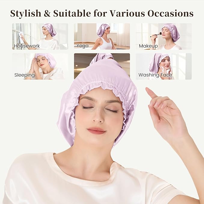 THXSILK 100% Mulberry Silk Bonnet for Sleeping Women, Silk Bonnet with Elastic Band, Hair Wrap Cap for Women Curly Hair, Light Purple