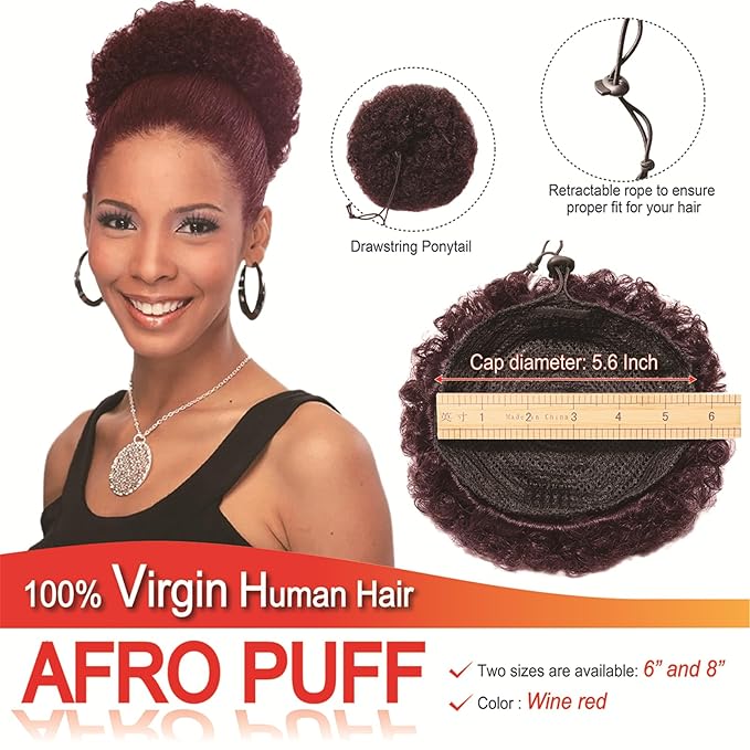Afro Puff Ponytail Drawstring, 99J Burgundy Short Wigs 6 Inch Remy Human Hair Afro Puff Ponytail Wigs Kinkys Curly Hair Clip Extensions Hairpieces 12A Brazilian Virgin Human Hair for Women Girls Kids
