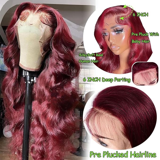 30 Inch 99j Burgundy Lace Front Wigs Human Hair Glueless Wine Red Colored Body Wave Wigs Pre Plucked with Baby Hair 180 Density 13x6 HD Transparent Frontal Wigs for Women