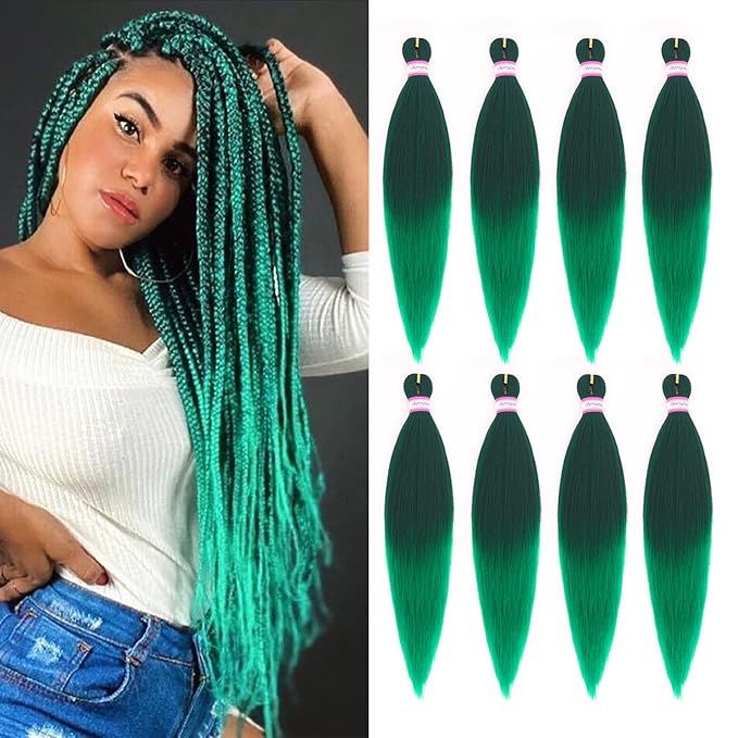 Dorsanee Braiding Hair Pre Stretched 20 Inch 8 Packs Ombre Green Braiding Hair Extensions for Crochet Box Braids Twists Locs Hair Soft Yaki Texture Hot Water Setting (20inch,#1B/Green)