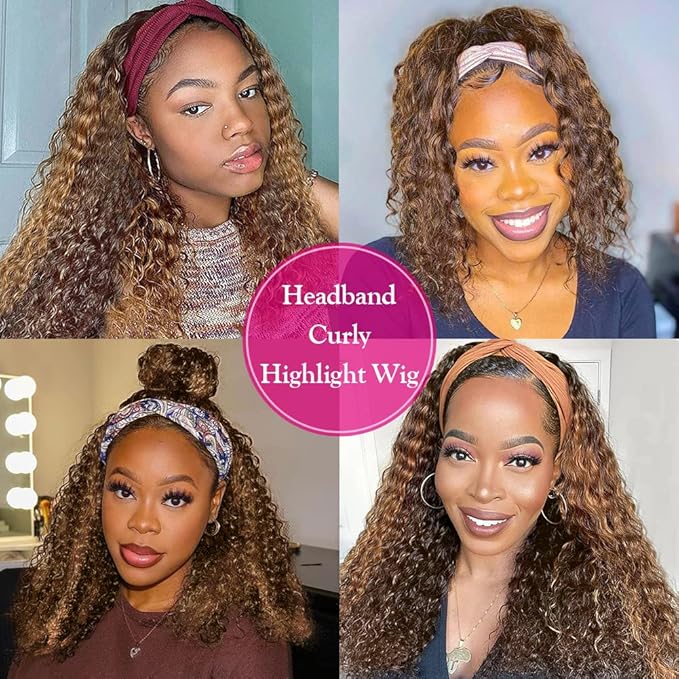 Eooma #4/30 Omber Headband Wig Curly Human Hair Wigs for Black Women 10A 180% Density Brazilian Kinky Curly Human Hair Headband Wigs Scarf No Gel Gluelees 22 Inch Remy Hair