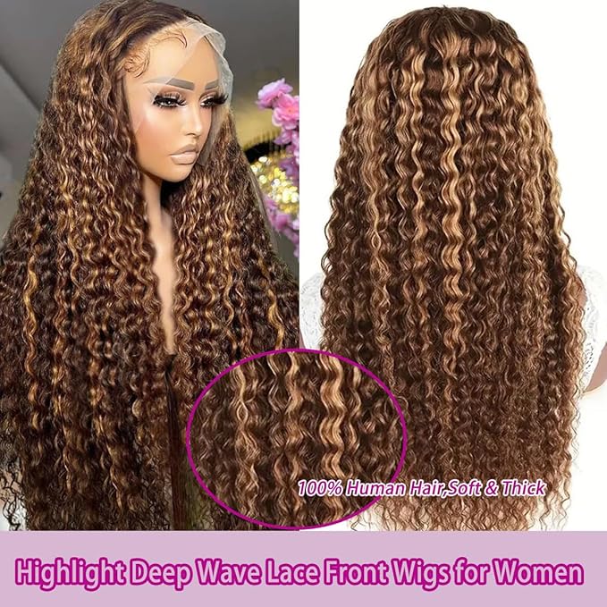 13x6 Highlight Deep Wave Lace Front Wigs Human Hair 210% Density Deep Curly Human Hair Wig Pre Plucked 28inch P4/27 Ombre HD Lace Frontal Wigs for Women