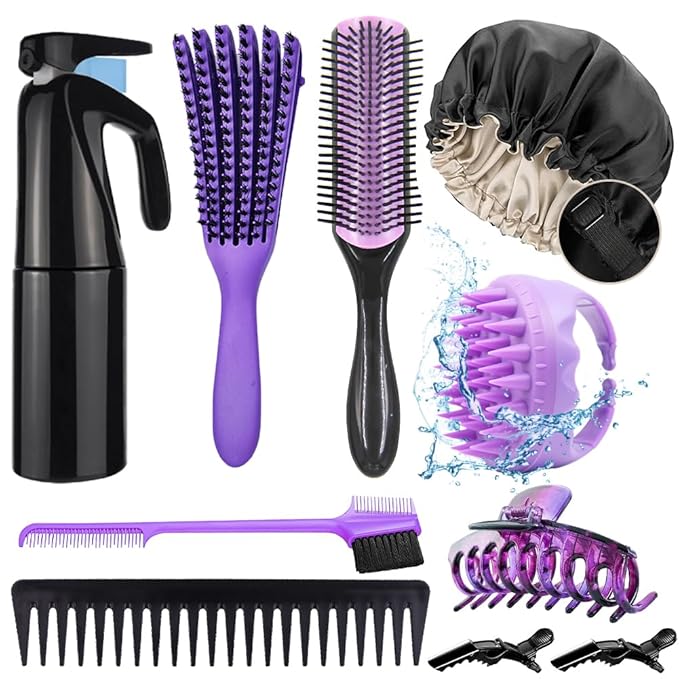 10Pcs Natural Hair Detangling Brush Set with Sleep Bonnet for Curly, Afro, African Black 3a to 4c Hair - Faster Detangling on Wash Days