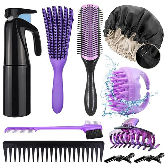10Pcs Natural Hair Detangling Brush Set with Sleep Bonnet for Curly, Afro, African Black 3a to 4c Hair - Faster Detangling on Wash Days