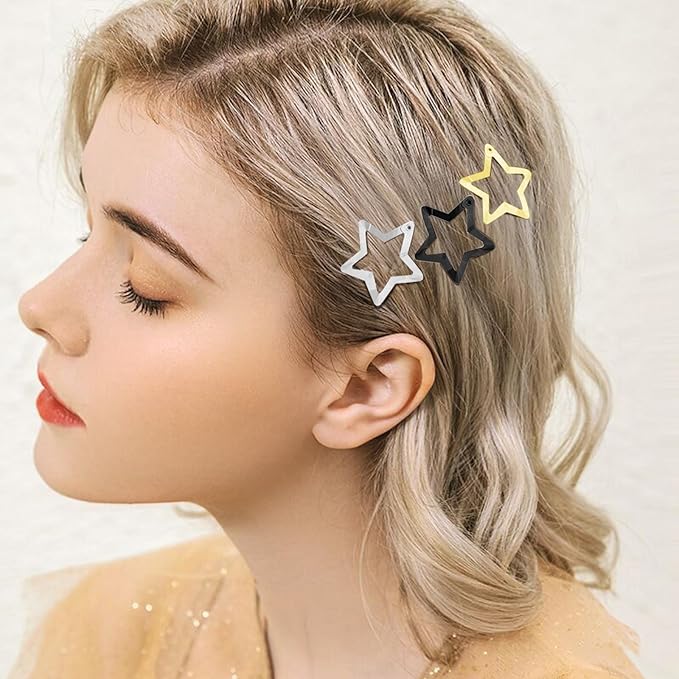 Star Hair Clips 2000s Y2K Snap Hair Barrettes Non Slip Star Hair Accessories Black Gold Silver Metal Hair Clips for Girls Women -30 PCS 1.18"