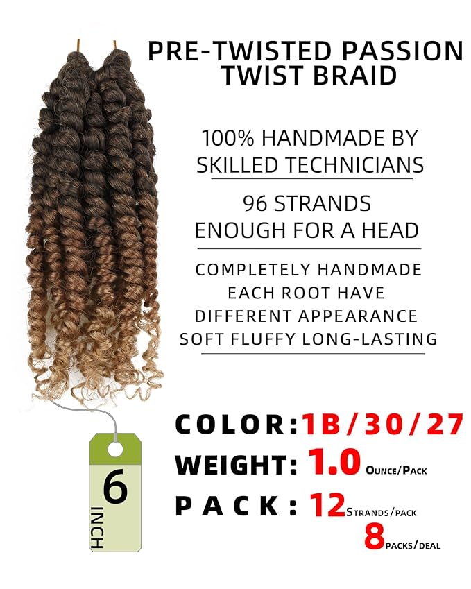 6 Inches 8 Packs Super Short Passion Twist Crochet Hair for Black Women and Kids-3 Tones Ombre Black to Brown Blonde, Pre Looped Pretwisted Crochet Hair Extension (6"-8 Packs,T1B/30/27)