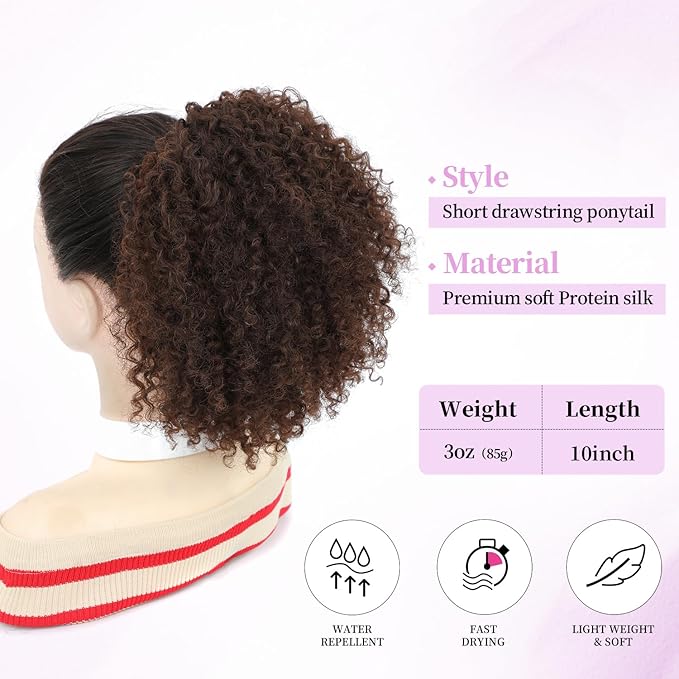 Drawstring Curly Ponytail Extensions for Black Women Protein Silk Fiber Human Hair Soft Feeling Afro Kinky Curly Hair Puff Pony tails Lightweight, Soft Natural Budget-Friendly for Daily Styles