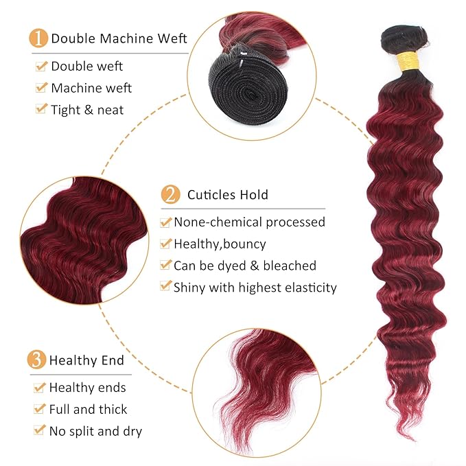 Loose Wave Bundles With Closure Burgundy Color Human Hair Loose Deep Wave Brazilian Virgin Hair 3 Bundles With 4x4 Lace Closure 1B99j Ombre Human Hair Bundles 70g/Bundle (24 26 28+22)