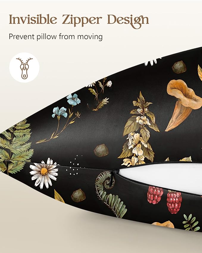 Silk Pillowcase 2 Pack - Cute Pillow Cases 20" x 26" Standard Size Set of 2 for Hair and Skin Smooth Soft Breathable with Hidden Zipper Cooling Pillow Covers for Sleeping, Mushroom Plants