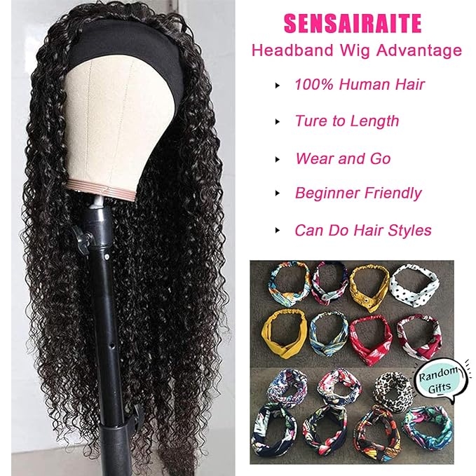 SENSAIRUITE Headband Wig Human Hair 8 Inch Deep Wave Headband Wigs for Black Women 180% Density Wear and Go Glueless Curly Wig Natural Color