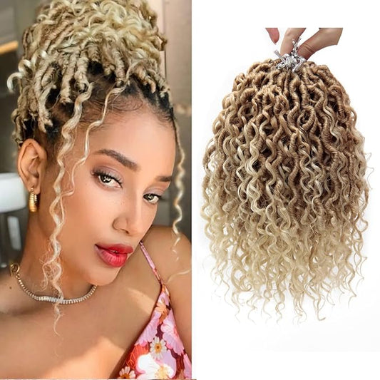 8Packs Goddess Locs Crochet Hair 10Inch Faux Locs Crochet Hair Pre looped Curly River Hippie Locs Bohemian Locs Crochet Braids for Black Women (27/613, 10inch(Pack of 8))