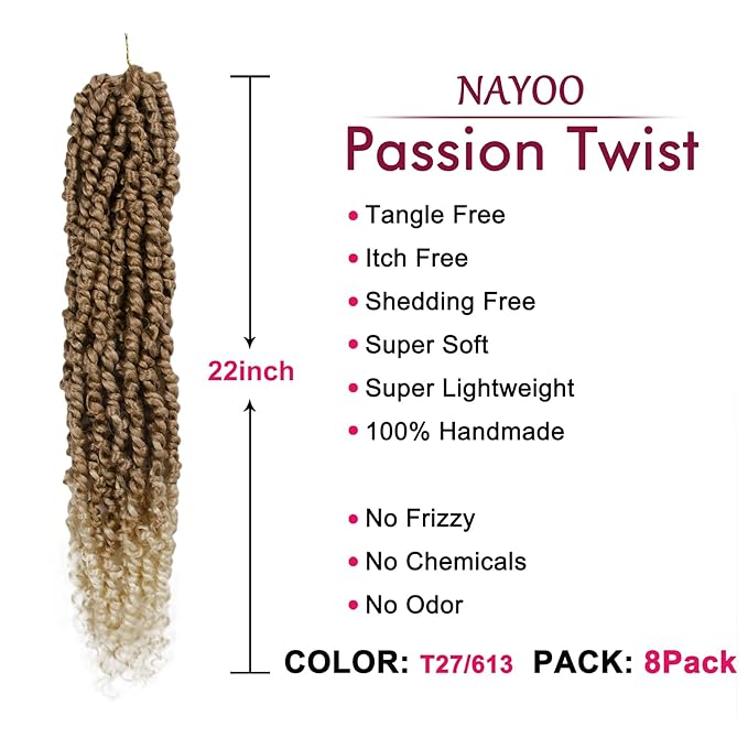 Passion Twist Hair - 8 Packs 22 Inch Passion Twist Crochet Hair For Women, Crochet Pretwisted Curly Hair Passion Twists Synthetic Braiding Hair Extensions (22 Inch 8 Packs, T27/613)