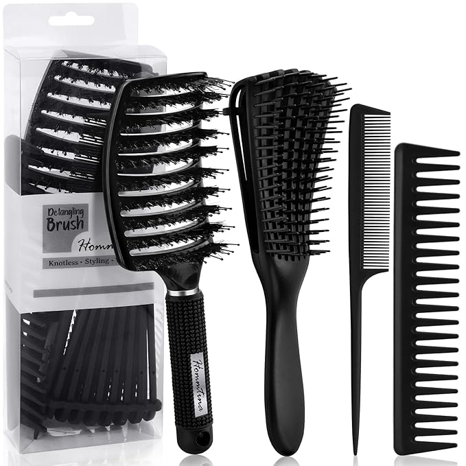 Hommtina 4Pcs Vented Brush Set for Thick/Wet/Dry/Wavy/Curly/Oil/Long Hair - Afro America/African Hair (4 PCS, Black)