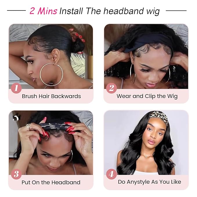 SENSAIRUITE Headband Wig Human Hair Body Wave 18 Inch None lace Front Wear and Go Glueless Headband Wig for Black Women Natural Black Color 180% Density