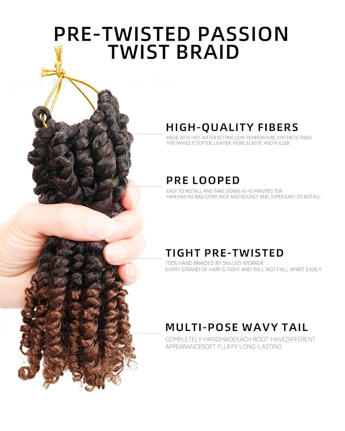 Pre-Twisted Passion Twist Crochet Hair for Black Women Passion Twist Hair Pre Looped Bohemian Braids 6 Inch 8 Packs Ombre Black to Brown Short Bob Curly Crochet Braiding Hair Extensions(6"-8P T30)