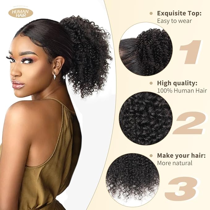 isheeny Human Hair Drawstring Ponytail for Black Women Natural Black Curly Extension 10Inch Instant Volume & Length for Everyday/Party