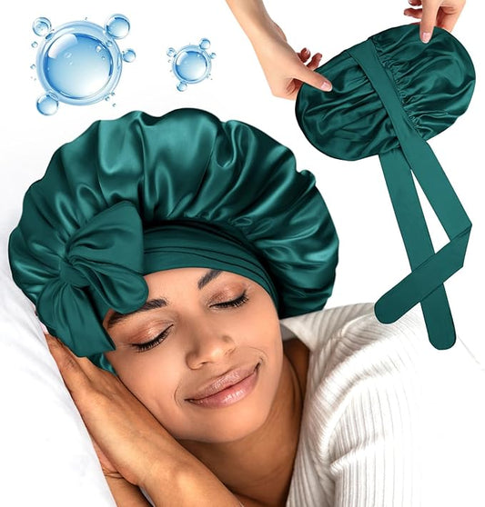 Silk Bonnet for Sleeping Women Double Layer Hyaluronic Acid Satin Bonnet with Adjustable Tie Band Sleep Cap for Curly Hair