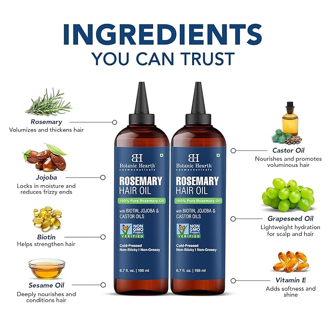 Botanic Hearth Hair Oil for Hair Growth | Rosemary Oil for Hair Growth with Biotin, Castor & Jojoba | Scalp Oil & Dry Scalp Treatment | Color Safe | All Hair Types | 6.7 Fl Oz (2 Pack)