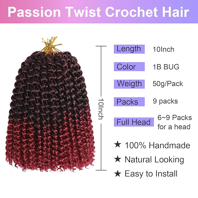 Burgundy Color Passion Twist Crochet Hair for Women 9 Packs 10 Inch Water Wave Short Twist Crochet Hair Curly Pre-looped Braiding Hair Extensions For Butterfly Locs Braids 1bbug