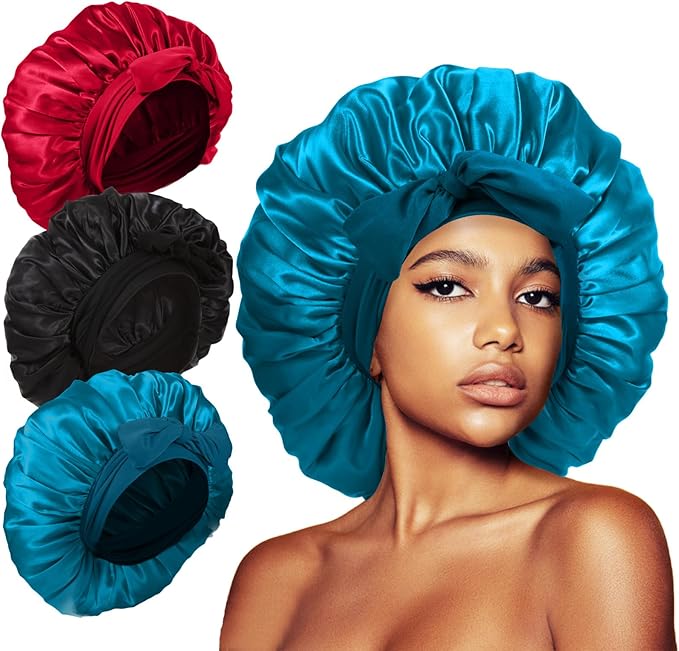 3Pcs Bonnets for Sleeping, Extra Satin Silk Bonnet for Sleeping Women with Tie Band for Curly Hair Jumbo Bonnet Braids