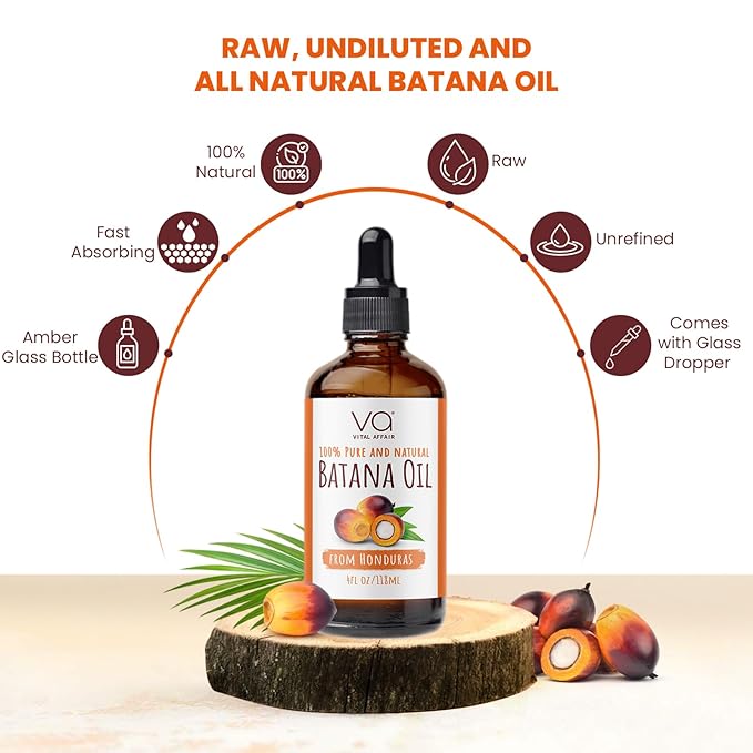 VITAL AFFAIR Batana Oil-Hair Growth Oil-4 Fl Oz-Glass Bottle-Cold Pressed-100% Raw-Dr Sebi Recommended-Essential Nutrients-For Women & Men
