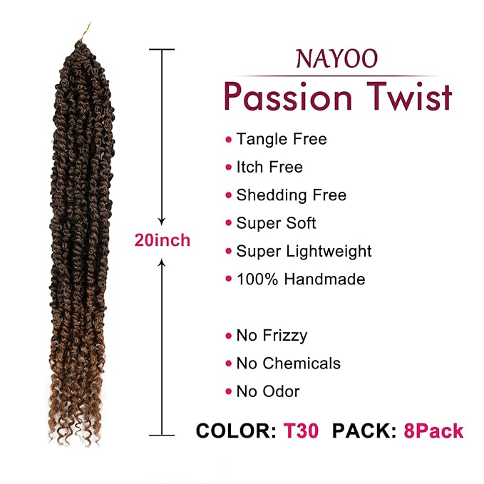 Passion Twist Hair - 8 Packs 20 Inch Passion Twist Crochet Hair For Women, Crochet Pretwisted Curly Hair Passion Twists Synthetic Braiding Hair Extensions (20 Inch 8 Packs, T30)