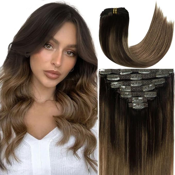 Caliee Clip in Hair Extensions Human Hair 20Inch B2/6 Darkest Brown Fading to Chestnut Brown Hair Long Straight Soft Silky Double Weft 7Pcs 140g Human Hair Extensions Clip in Extensions