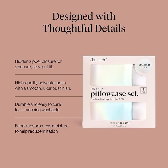 Kitsch Satin Pillowcase with Zipper for Hair & Skin, Softer Than Silk Pillow Cases Queen, Wrinkle-Free, Smooth and Cooling Satin Pillow Covers, Standard Size 19"x26" - Aura, 2pcs