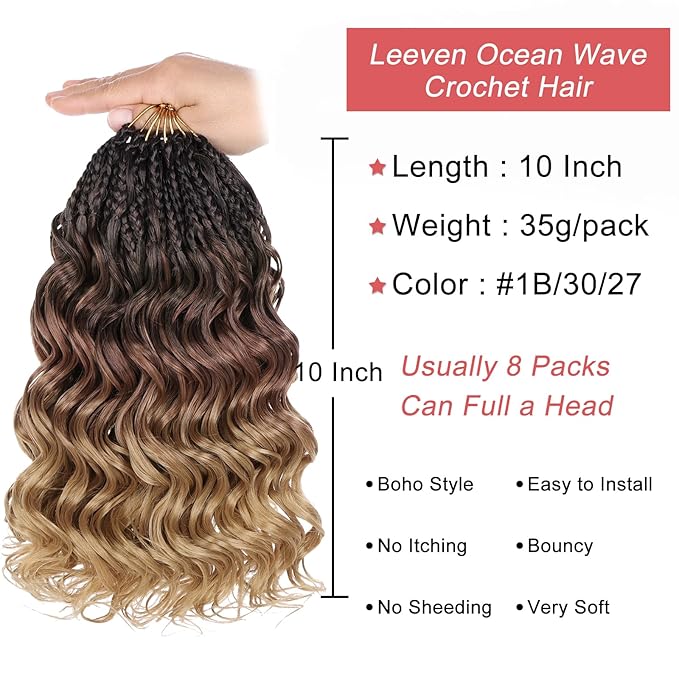 Leeven 10 Inch Pre Looped Ocean Wave Crochet Hair 8 Packs Short Curly Crochet Hair Ombre Brown to Blonde Boho Ocean Braids Pre Twisted Synthetic Deep Wavy Crochet Hair for Women