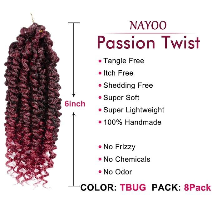 Passion Twist Hair For Kids - 8 Packs 6 Inch Passion Twist Crochet Hair For Women, Crochet Pretwisted Curly Hair Passion Twists Synthetic Braiding Hair Extensions(6 Inch 8 Packs, TBUG)