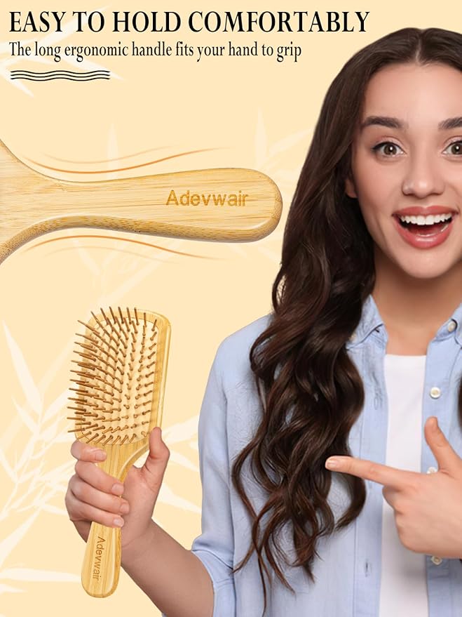 Bamboo Hair Brush for Men Women Detangling Thick Curly Hair, Natural Bamboo Bristles Wooden Paddle Hairbrush with Ergonomic handle for All Hair Types