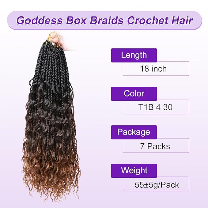 Eacia Goddess Box Braids Crochet Hair 18 Inch 7 Packs Pre Looped Goddess Box Braid Crochet Hair Extensions with Curly Ends Boho Braids for Women(18 Inch, T1B/4/30#)