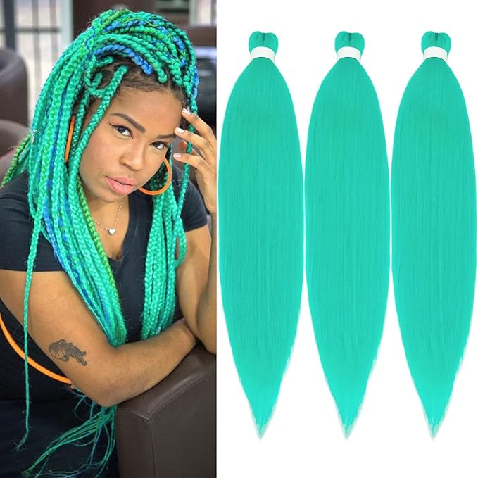 Mint Green Braiding Hair Pre Stretched Human Colored Hair Extensions for Braids 26 inch Prestretched Braiding Hair Kids Micro Box Braids (3 Packs)