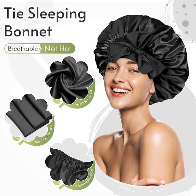 BONNET QUEEN Silk Bonnet for Sleeping Women Satin Bonnet Night Sleep Cap Wrap for Curly Hair with Adjustable Tie Band, Single Layer, Black+Rose Gold