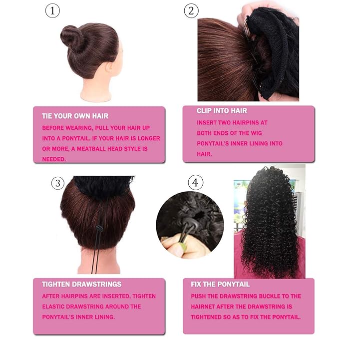 WENYU Kinky Curly Human Hair Drawstring Ponytail For Black Women 8A Brazilian Virgin Kinkys Curly Clip In Ponytail Extension Human Hair Pieces Natural Black (16 Inch, Kinky Curly Drawstring)