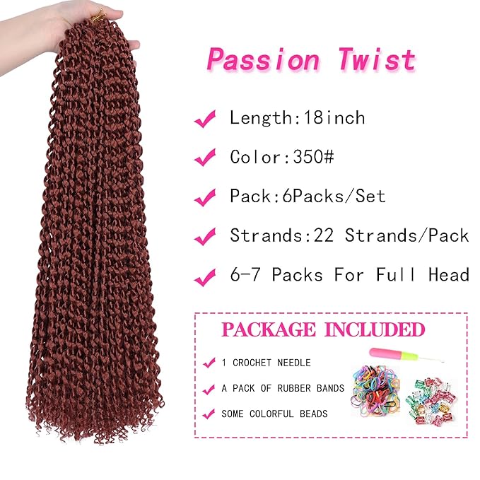 Ubeleco 18 Inch Passion Twist Hair, Water Wave Crochet Hair Passion Twist Crochet Hair for Women 6 Packs Copper Red Long Bohemian Synthetic Curly Braiding Hair Extensions(6pcs,#350)